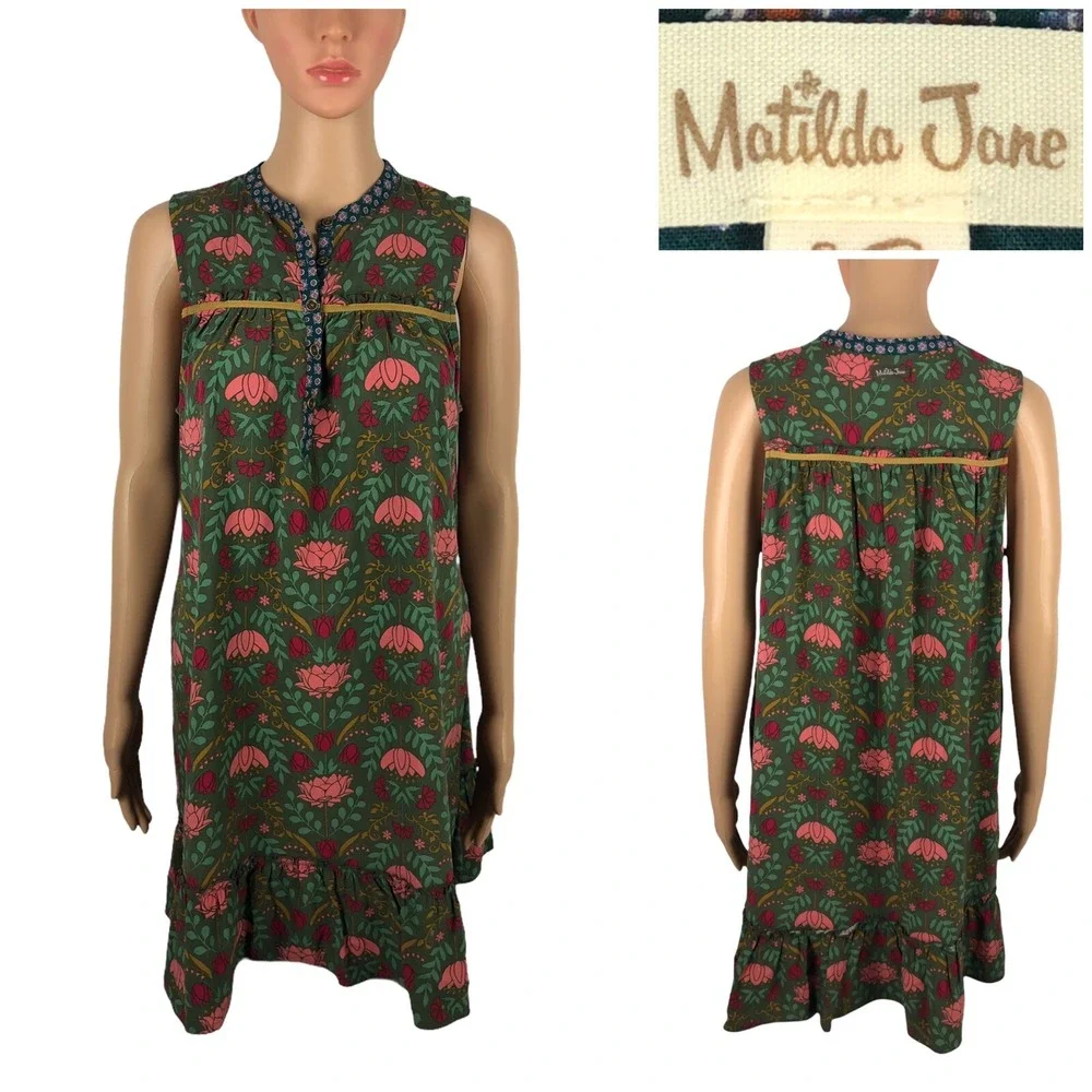 Matilda Jane Womens Medium Shift Dress Floral Rayon Green Multicolor Henley EUC